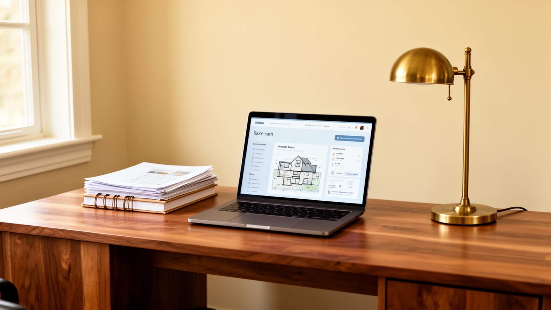 A calm, organized office with a single laptop and a brass desk lamp