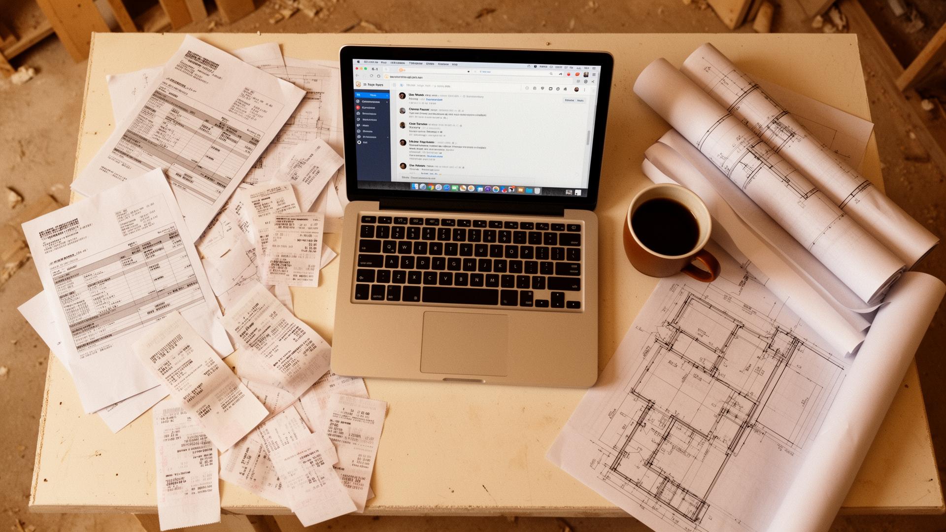 A builder's desk overflowing with receipts, blueprints, and an open laptop