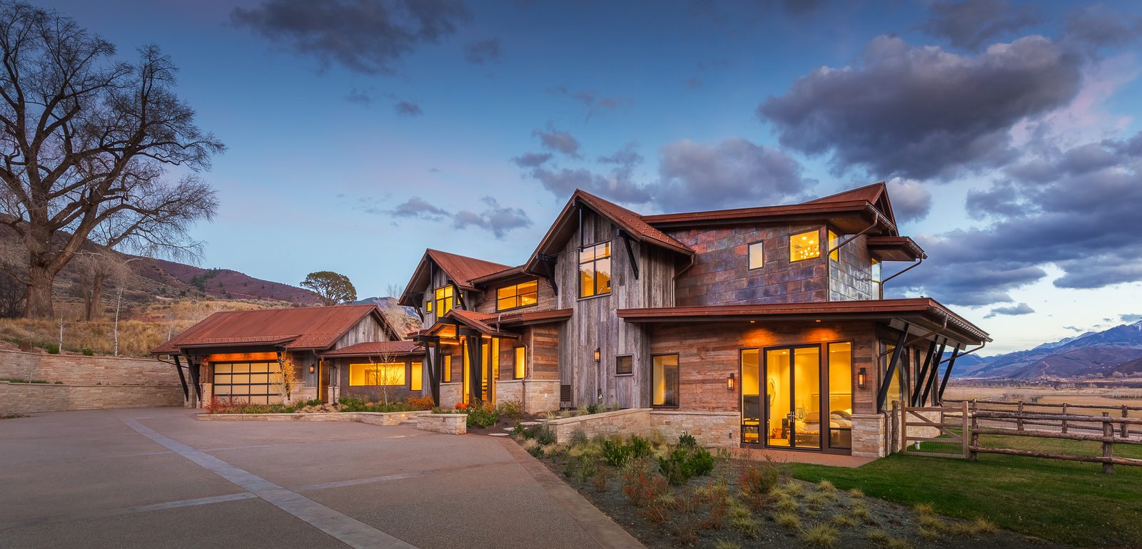 Aspen Valley Ranch residence at twilight, Aspen, CO